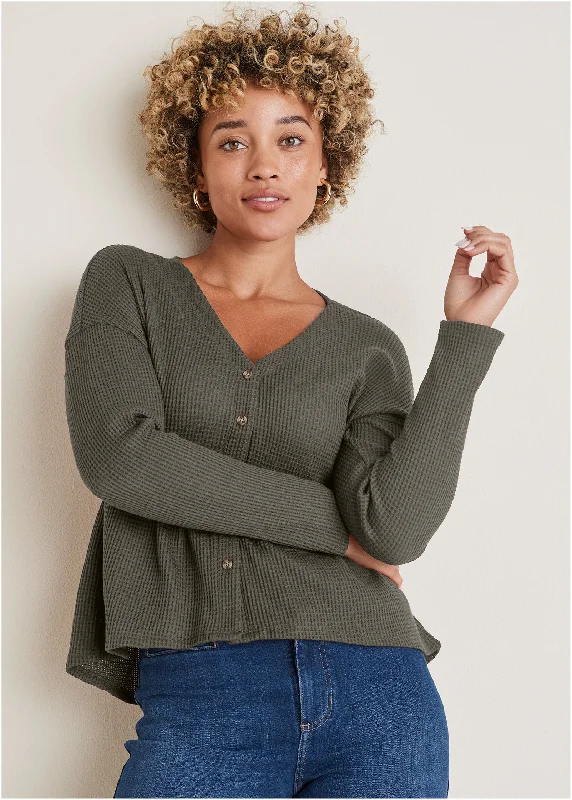 Today's Special Waffle Babydoll Henley - Olive
