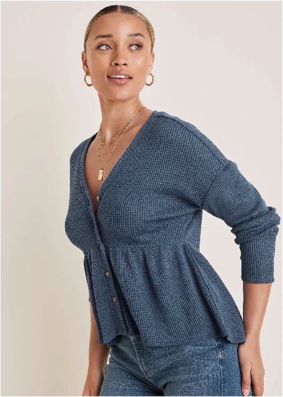 Closeout Sale Waffle Babydoll Henley - Vintage Indigo