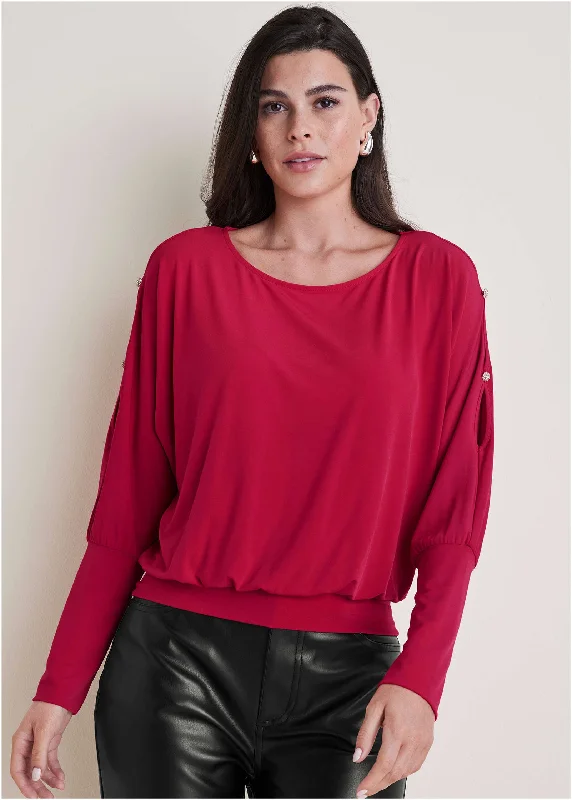 Inventory Reduction Bling Cold-Shoulder Blouse - Barberry