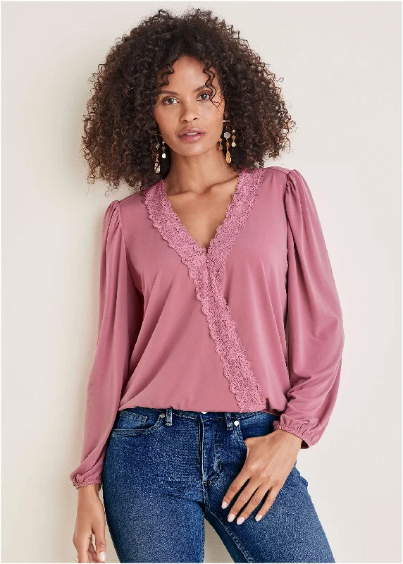 Buy Now Faux Wrap Lace Trim Blouse - Heather Rose