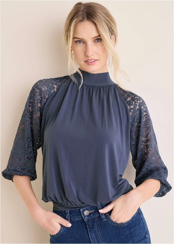 Early Bird Discount Lace Sleeve Blouse - Vintage Indigo
