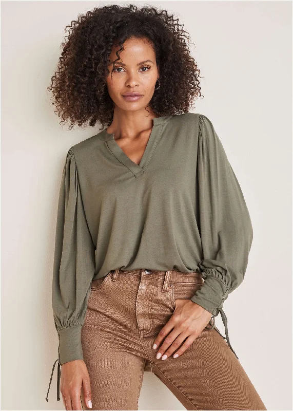 Mega Sale V-Neck Puff Sleeve Top - Olive