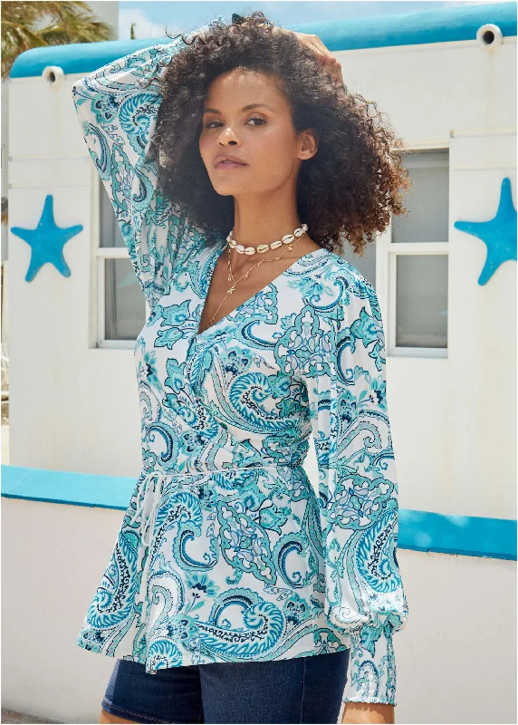 Sale Event Balloon Sleeve Wrap Front Top - Blue Paisley With Border