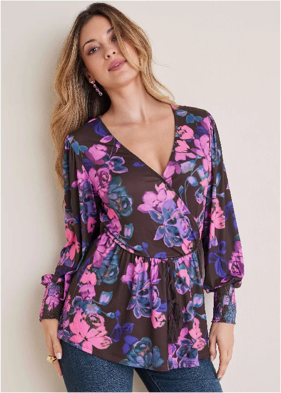 Referral Discount Balloon Sleeve Wrap Front Top - Electric Bouquet