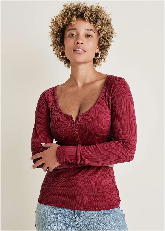 Seasonal Sale Long Sleeve Henley Tee - Wine