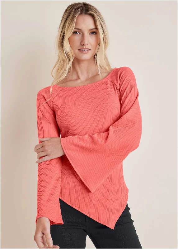 Exclusive Preview Ribbed Bell Sleeve Top - Mineral Red
