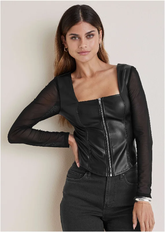 Closeout Faux Leather Zipper Top  - Black