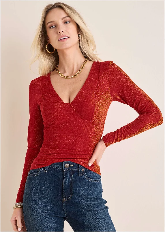 Mega Sale Glitter Knit V-Neck Top - Racing Red Glitter Knit