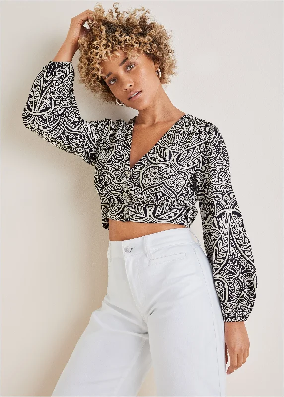 Savings Galore Linen Long Sleeve Blouse - Modern Folk Bicolor