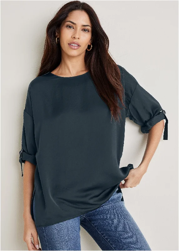 Savings Event Roll Tab Sleeve Blouse - Navy
