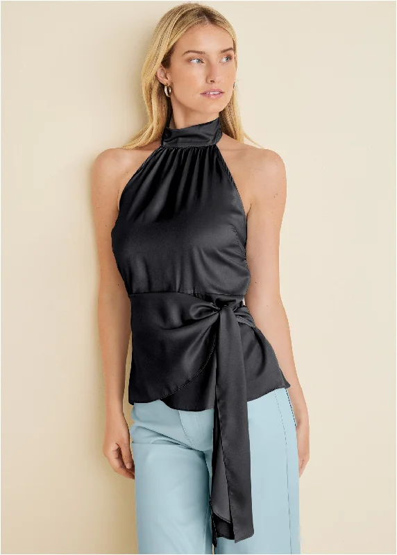 Halter Neck Wrap Blouse - Black