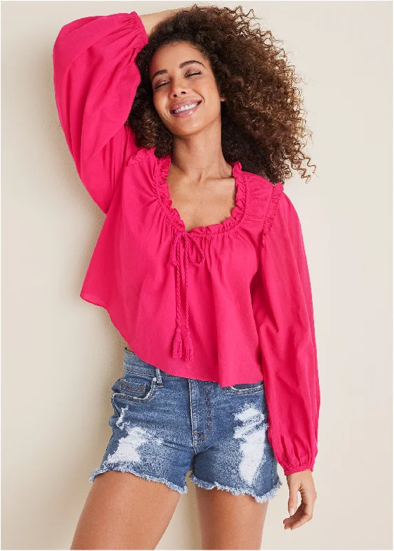 Hurry In Tassel Long Sleeve Top - Dark Pink