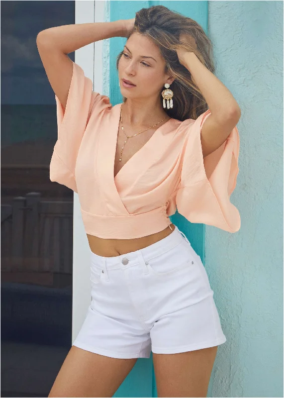 Shop and Save Kimono Sleeve Faux Wrap Top - Blush