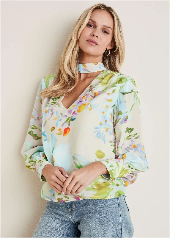 Friends and Family Sale Printed Tie Neck Blouse - Coquette Bouquet