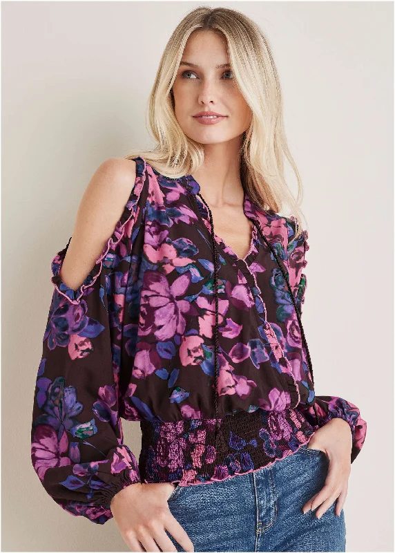 Take Advantage Ruffle Cold Shoulder Blouse - Electric Bouquet