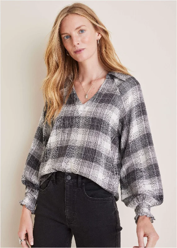 Members Only Brushed Plaid Blouse - Grey Plaid