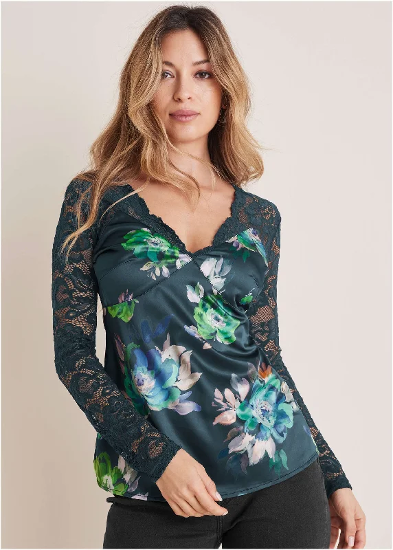Don’t Miss Out Lace Sleeve Printed Top - Midnight Garden