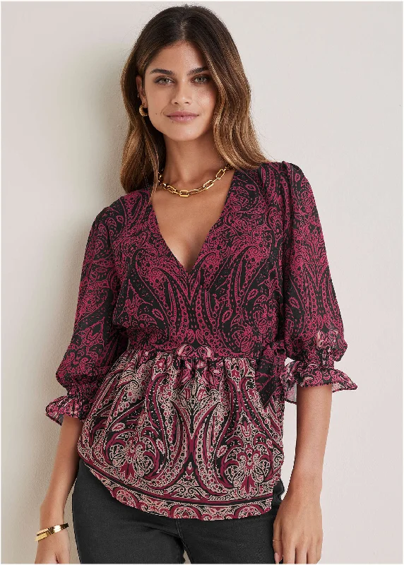 Weekend Deal Wrap Tie Blouse - Bountiful Border