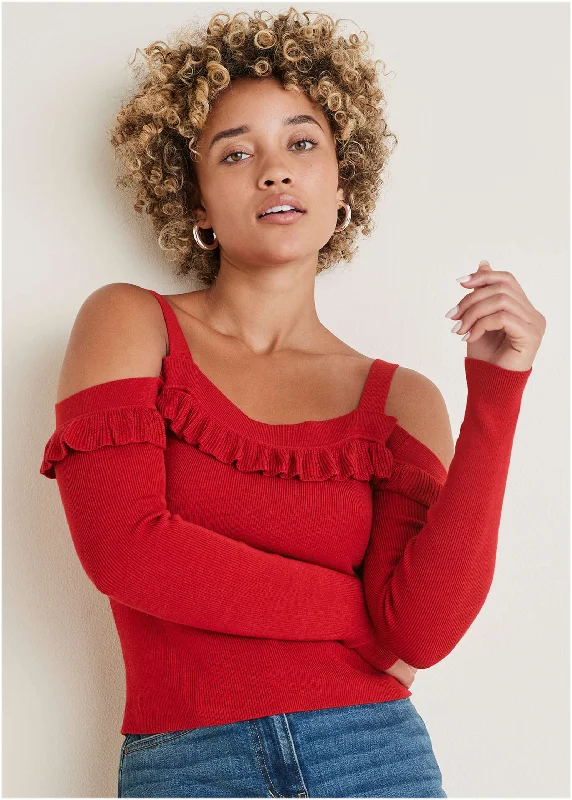 Steals and Deals Cold Shoulder Ruffle Top - Equestrian Red
