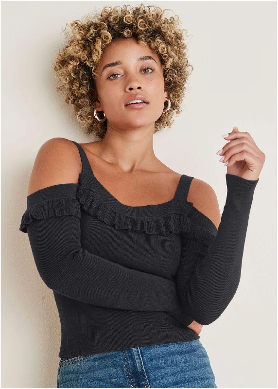 Today’s Deal Cold Shoulder Ruffle Top - Black