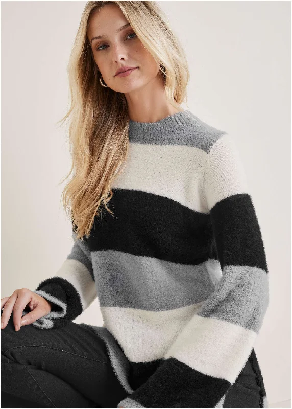 Super Sale Eyelash Striped Sweater  - Black & White