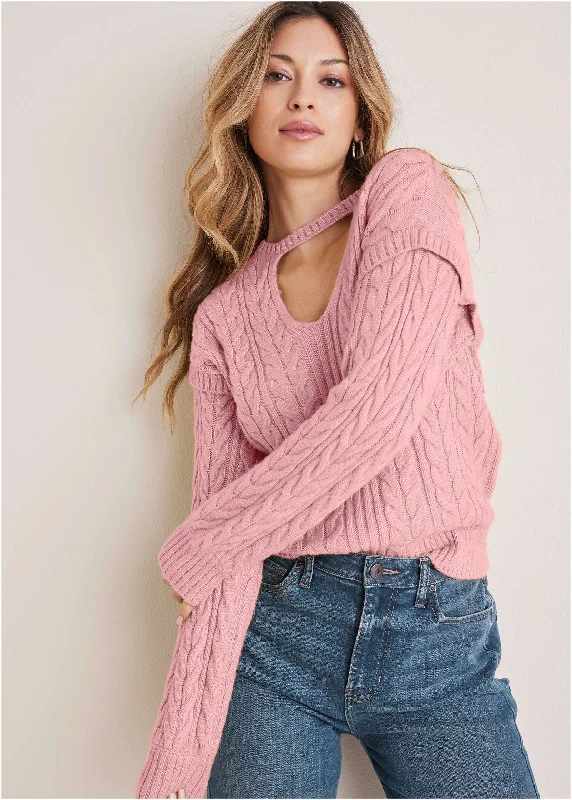 Shop and Save Cable Knit Cut-Out Sweater - Bleached Mauve