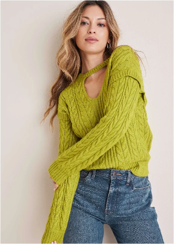 Special Savings Cable Knit Cut-Out Sweater - Lentil Sprout