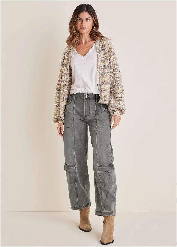 Deal of the Day Textured Yarn Cardigan - Grey & Tan
