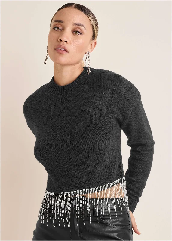 Clearance Sale Rhinestone Trim Sweater  - Black