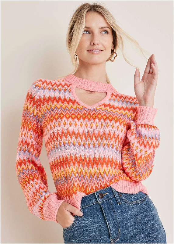 Discount Deals Fair Isle Mock Neck Sweater - Peach Dust