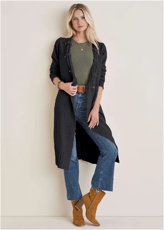 Price Drop Button Detail Duster  - Black
