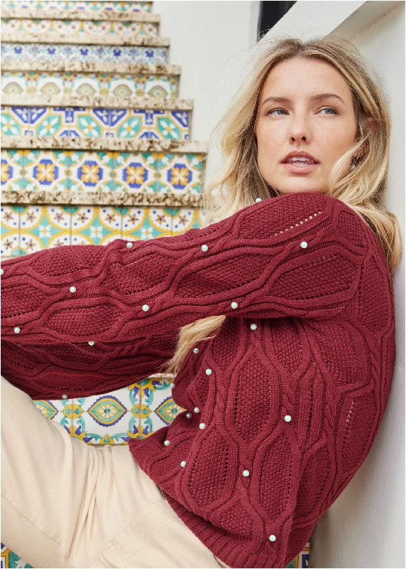 New Markdowns Pearl Detail Sweater  - Wine