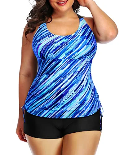 2 Piece Plus Size Swimsuit High Waisted Boyshorts For Women Of All Ages-Blue Stripes