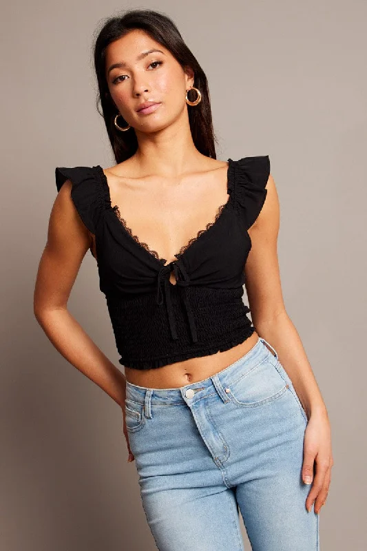 Black Crop Top Short Sleeve Lace Trim Shirred Waist