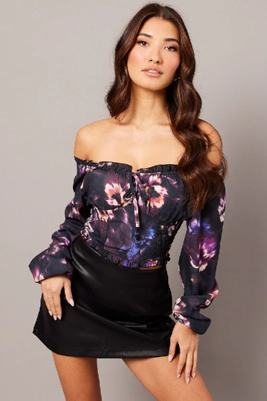 Black Floral Crop Top Long Sleeve Shirred Waist