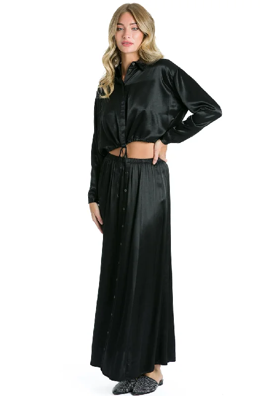 Button Front Satin Maxi Skirt