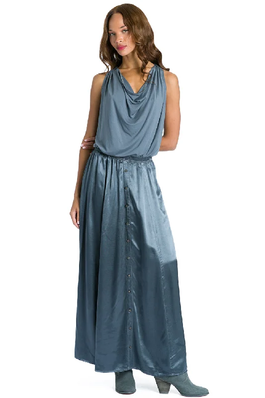 Button Front Satin Maxi Skirt