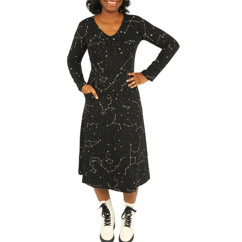 Online Specials Constellations Glow-in-the-dark Long Sleeves Midi Dress (With Waist Seam)