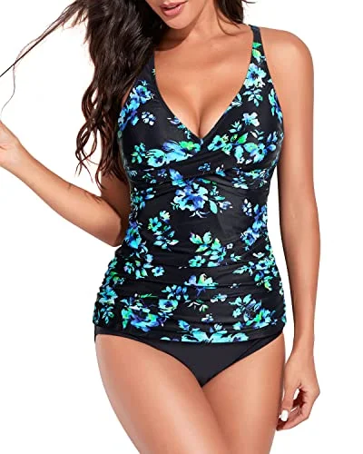 Front Ruched Tummy Control Tankini Swimsuits For Women-Black Blue Floral