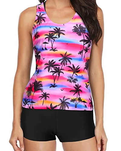 Modest 3-Piece Tankini High Waist Boy Shorts-Palm Tree