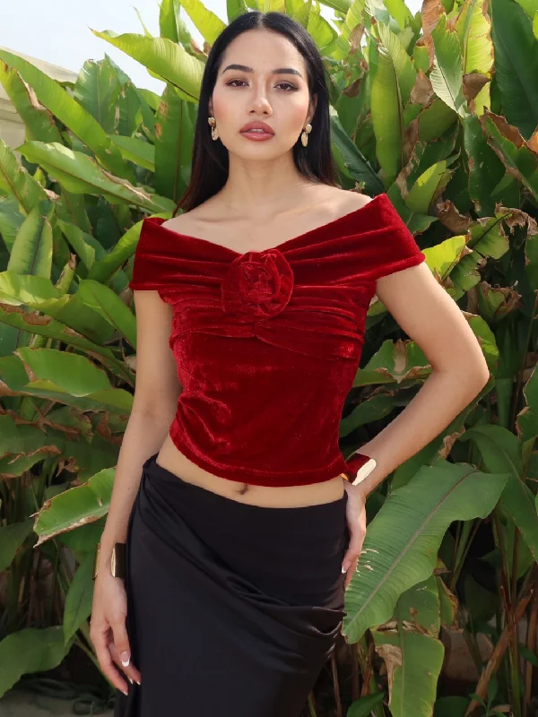 Velvet Off-Shoulder Rose Top