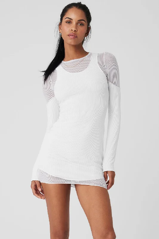 Striped Mesh Synergy Long Sleeve Dress - White