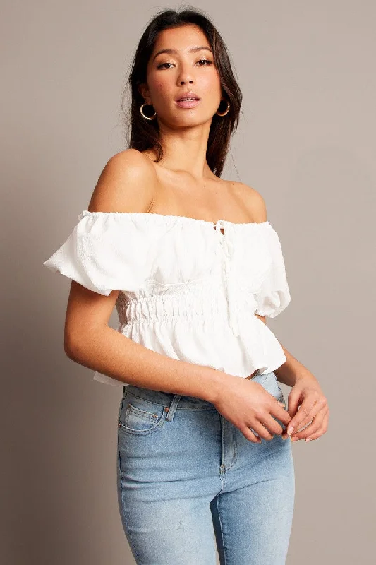 White Peplum Top Short Sleeve Ruched