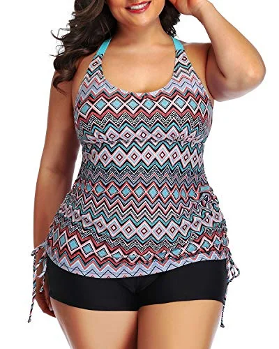 Adjustable Shoulder Straps Tankini Swimsuit Shorts-Black Tribal