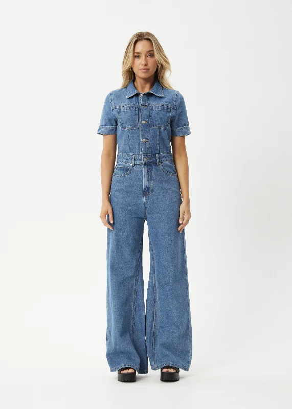 Online Only AFENDS Womens Miami - Denim Flared Leg Jumpsuit - Worn Blue