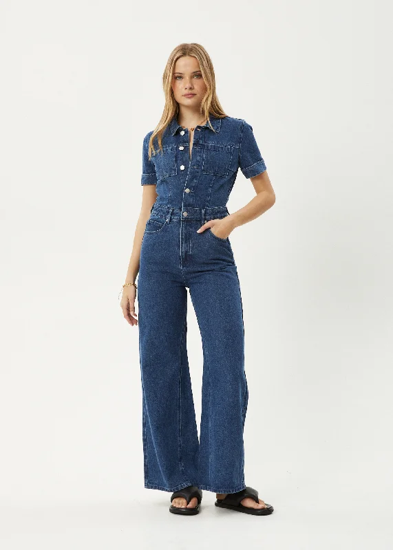 Final Markdown AFENDS Womens Miami - Denim Flared Leg Jumpsuit - Authentic Blue