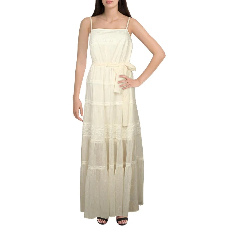 Blowout Sale BCBG Max Azria Women’s Metallic Lace Trim Sleeveless Belted Maxi Gown