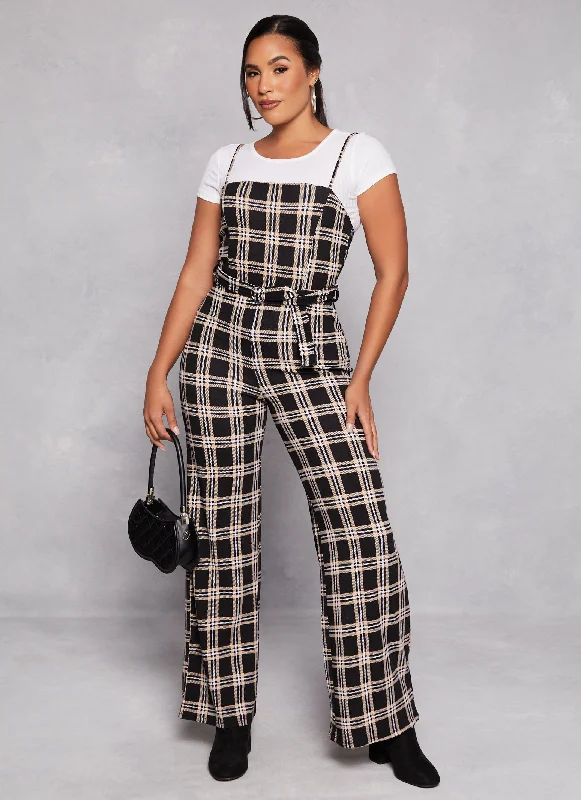 Almost Famous Plaid Belted Cami Jumpsuit with Tee