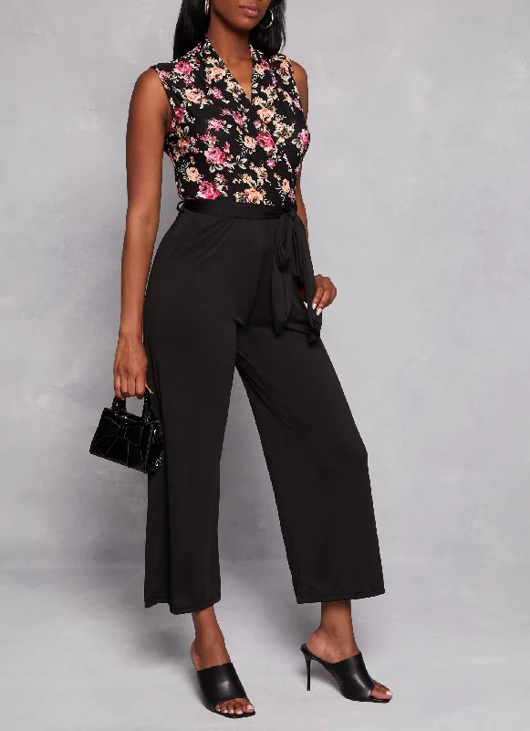 Printed Faux Wrap Tie Waist Jumpsuit