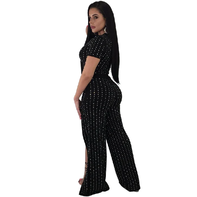 Warehouse Sale Customized Hollow Out Lumbar Belly Sexy  Black Color Woman Romper Jumpsuits With Rivet
